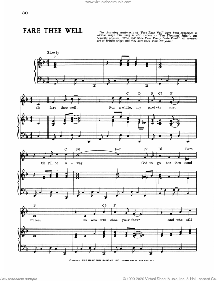 Fare Thee Well sheet music for voice, piano or guitar, intermediate skill level