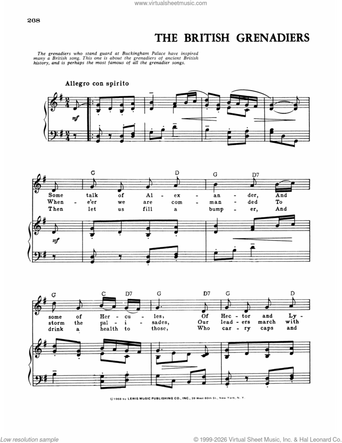 The British Grenadiers sheet music for voice, piano or guitar by Anonymous, classical score, intermediate skill level