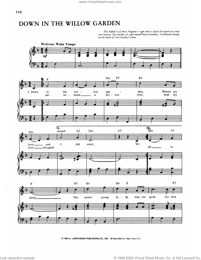 Down In The Willow Garden sheet music for voice, piano or guitar, intermediate skill level