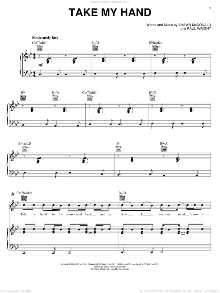 Take My Hand sheet music for voice, piano or guitar by Shawn McDonald and Paul Wright, intermediate skill level