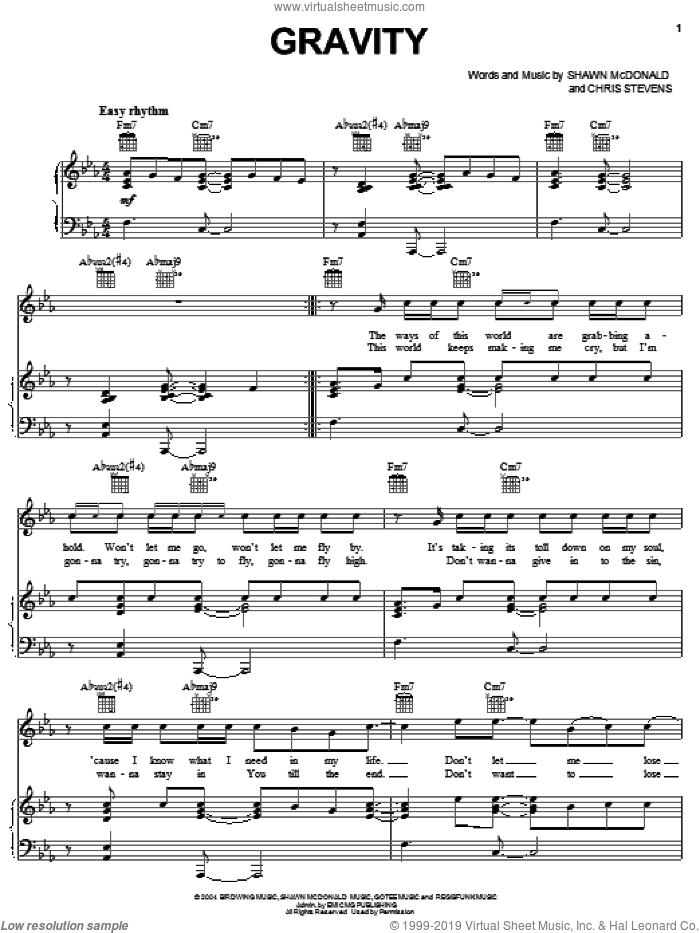 Gravity sheet music for voice, piano or guitar by Shawn McDonald and Chris Stevens, intermediate skill level