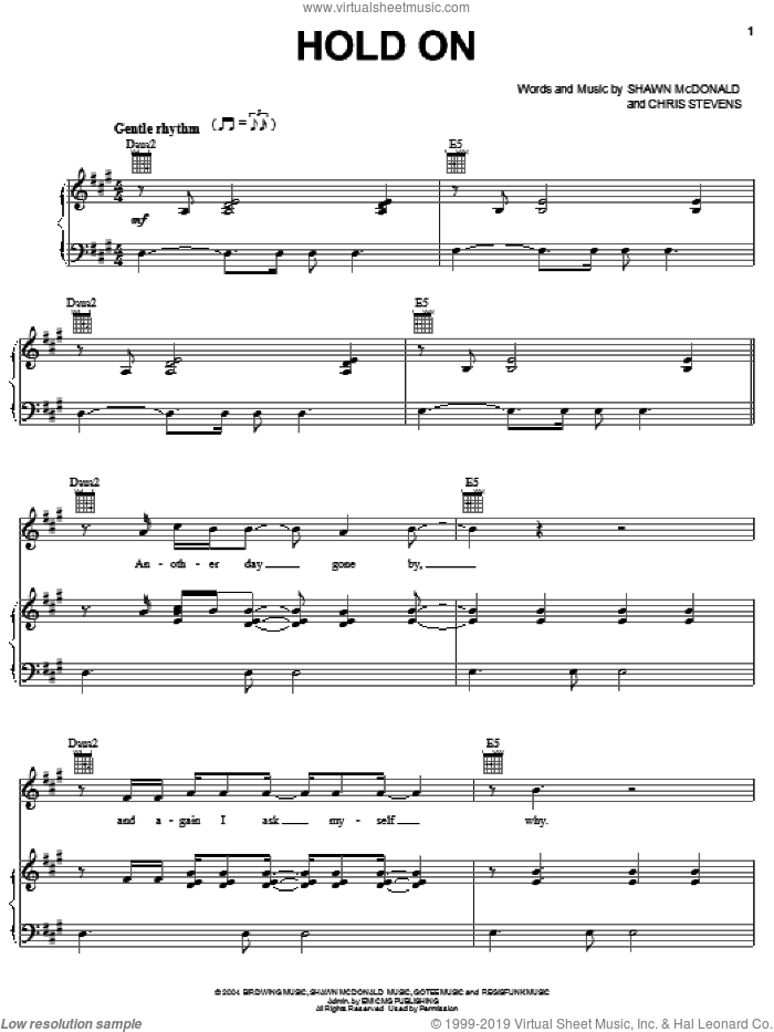 Hold On sheet music for voice, piano or guitar by Shawn McDonald and Chris Stevens, intermediate skill level