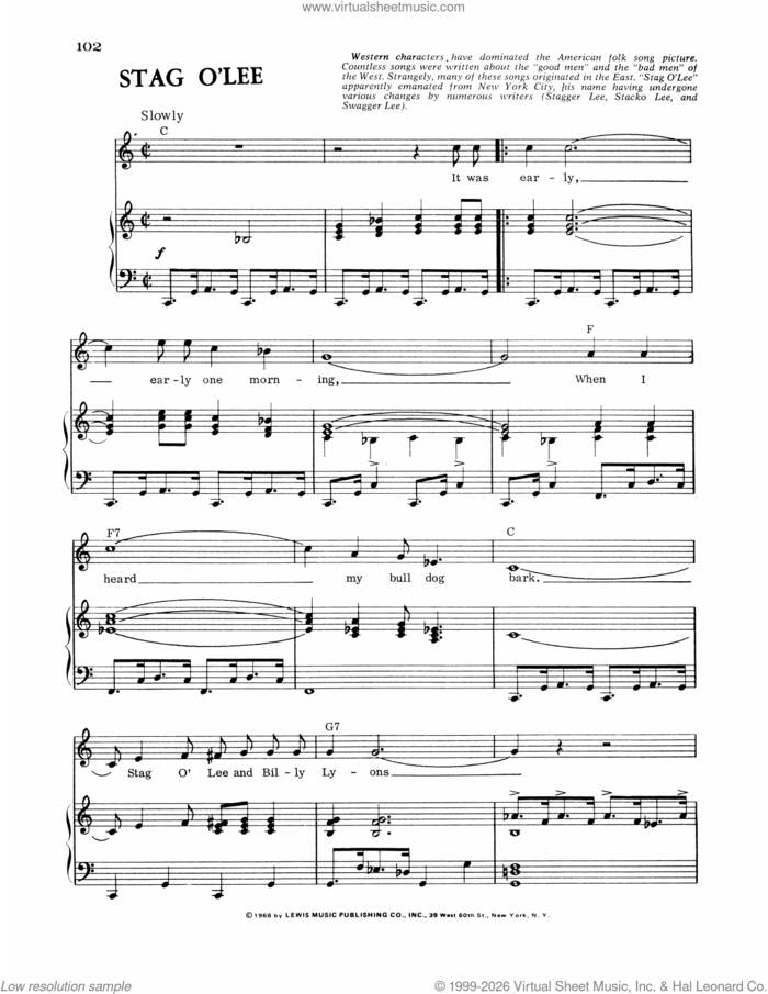 Stag O'Lee sheet music for voice, piano or guitar, intermediate skill level