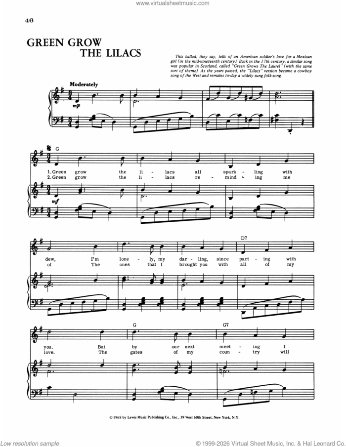 Green Grow The Lilacs sheet music for voice, piano or guitar, intermediate skill level