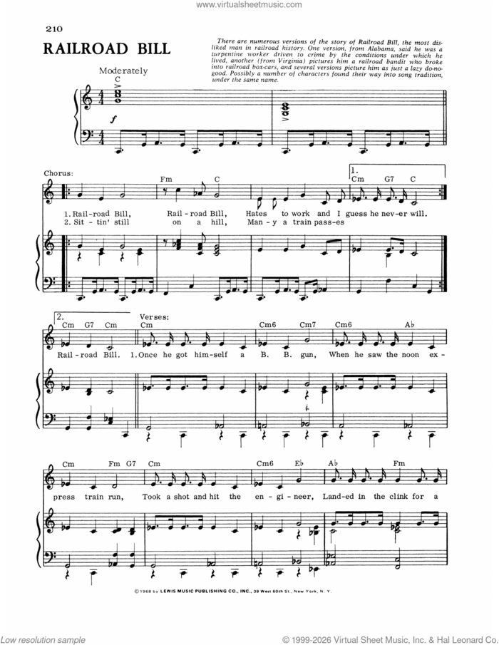Railroad Bill sheet music for voice, piano or guitar, intermediate skill level