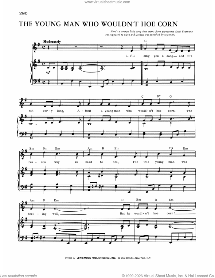 The Young Man Who Wouldn't Hoe Corn sheet music for voice, piano or guitar, intermediate skill level