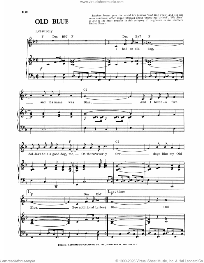 Old Blue sheet music for voice, piano or guitar by Anonymous and 19th Century American South, intermediate skill level