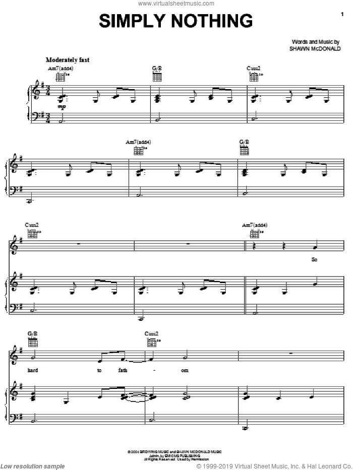 Simply Nothing sheet music for voice, piano or guitar by Shawn McDonald, intermediate skill level