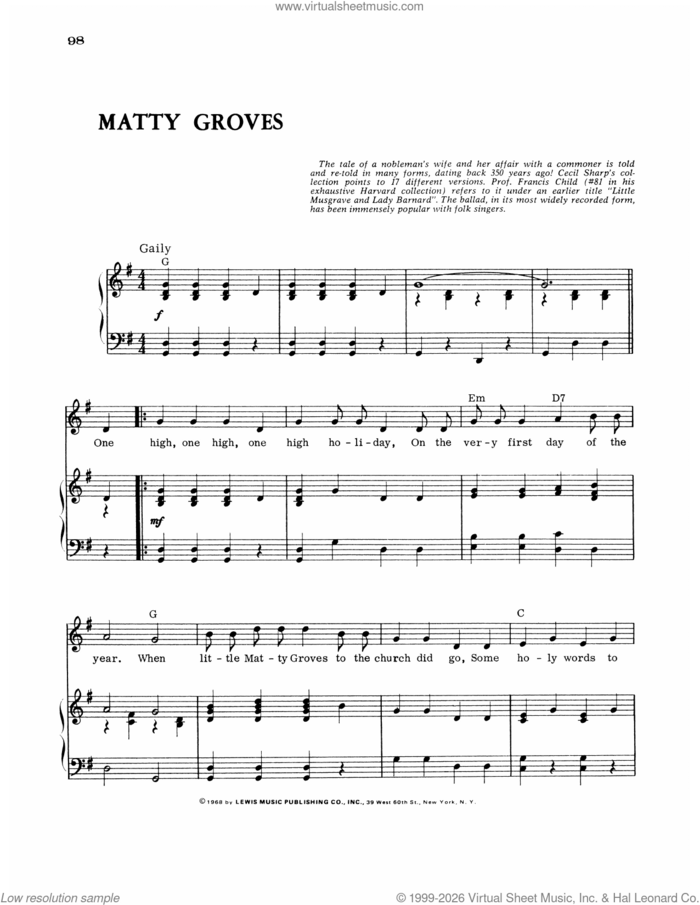 Matty Groves sheet music for voice, piano or guitar, intermediate skill level