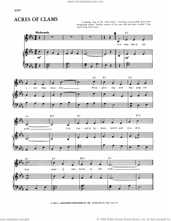 Acres Of Clams (Old Settler's Song) sheet music for voice, piano or guitar by Francis D. Henry, intermediate skill level