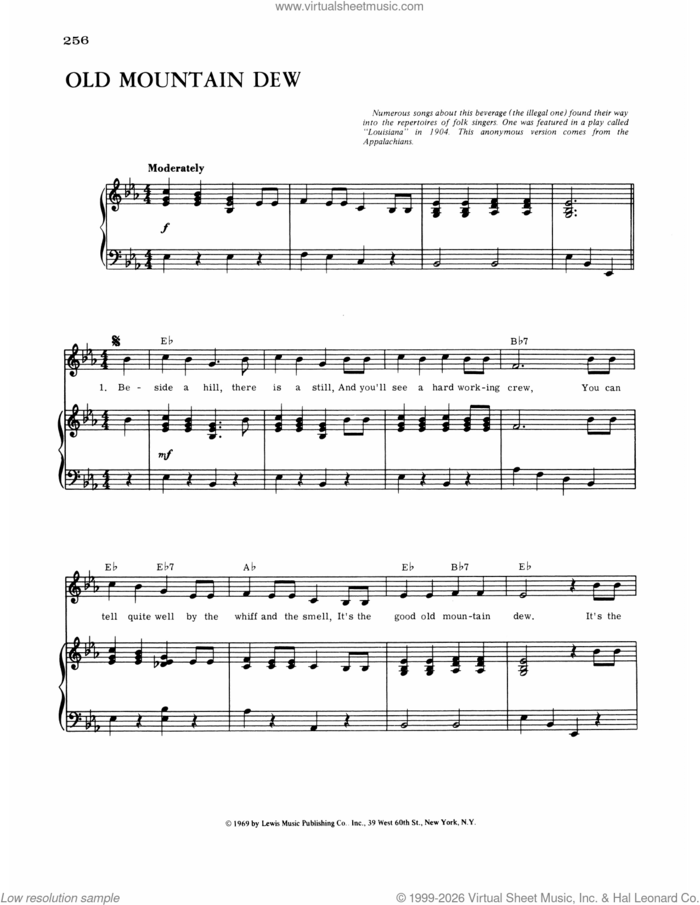 Real Old Mountain Dew sheet music for voice, piano or guitar by Irish Folk Song and Edward Harrigan, intermediate skill level
