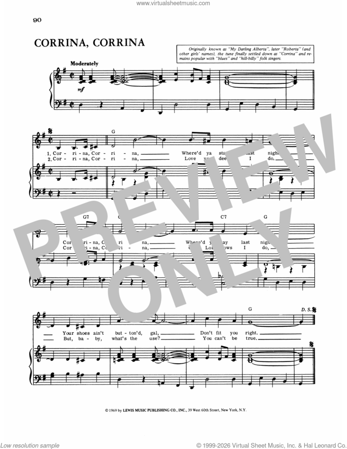 Corrina sheet music for voice, piano or guitar, intermediate skill level