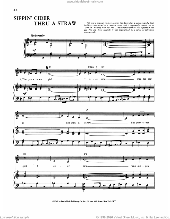 Cider Through A Straw sheet music for voice, piano or guitar by American Popular Song, intermediate skill level