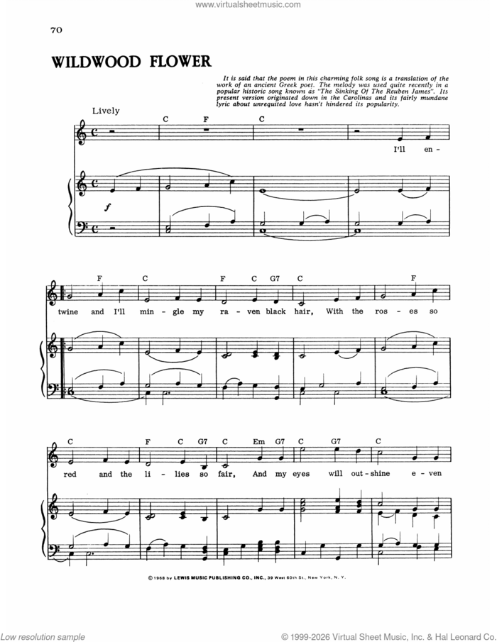 Wildwood Flower sheet music for voice, piano or guitar, intermediate skill level