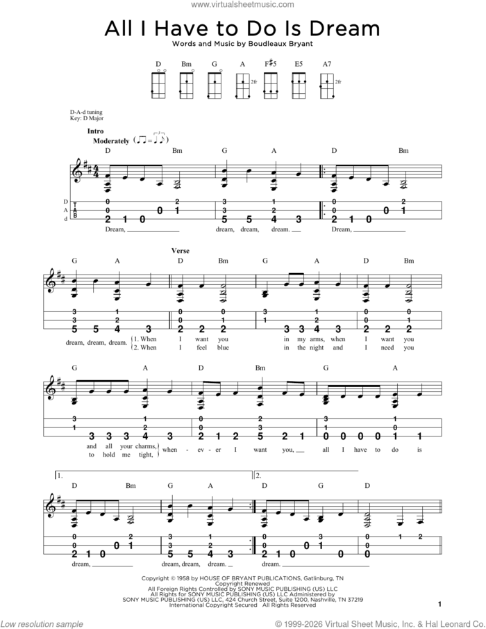 All I Have To Do Is Dream sheet music for dulcimer solo by The Everly Brothers, Steven B. Eulberg, Bobbie Gentry & Glen Campbell, Richard Chamberlain and Boudleaux Bryant, intermediate skill level