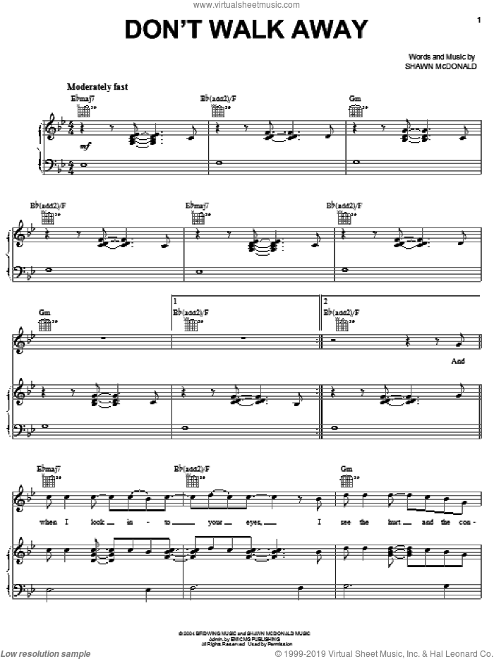 Don't Walk Away sheet music for voice, piano or guitar by Shawn McDonald, intermediate skill level