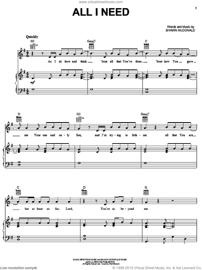 All I Need sheet music for voice, piano or guitar by Shawn McDonald, intermediate skill level