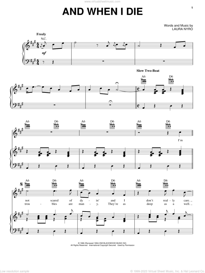 And When I Die sheet music for voice, piano or guitar by Blood, Sweat & Tears and Laura Nyro, intermediate skill level