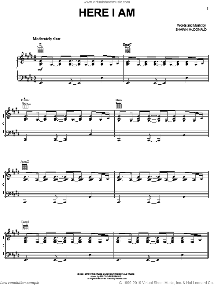 Here I Am sheet music for voice, piano or guitar by Shawn McDonald, intermediate skill level