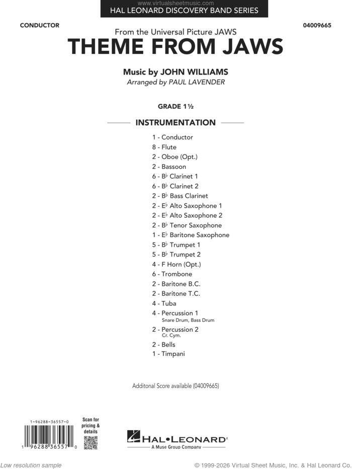Theme From Jaws (arr. Paul Lavender) (COMPLETE) sheet music for concert band by John Williams and Paul Lavender, intermediate skill level