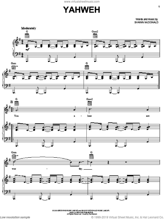 Yahweh sheet music for voice, piano or guitar by Shawn McDonald, intermediate skill level