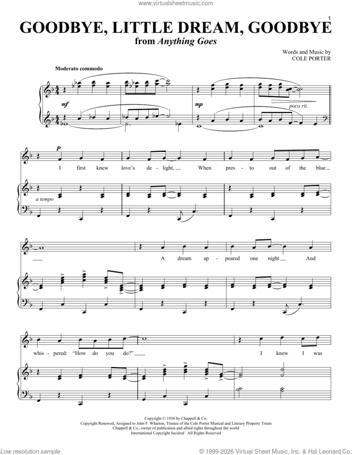 Goodbye, Little Dream, Goodbye (from Red, Hot, And Blue!) sheet music for voice and piano (Soprano) by Cole Porter, intermediate skill level