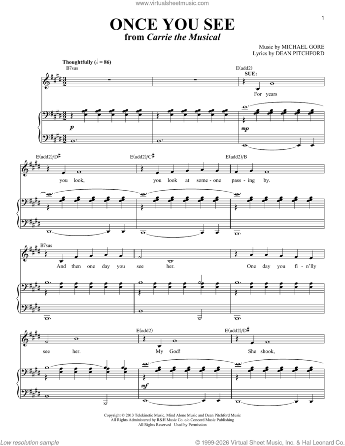 Once You See (from Carrie The Musical) sheet music for voice and piano (Soprano) by Dean Pitchford and Michael Gore, intermediate skill level