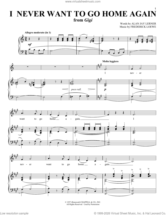 I Never Want To Go Home Again (from Gigi) sheet music for voice and piano (Soprano) by Alan Jay Lerner, Frederick Loewe and Lerner & Loewe, intermediate skill level
