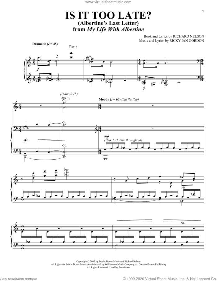 Is It Too Late? (Albertine's Last Letter) (from My Life With Albertine) sheet music for voice and piano (Soprano) by Ricky Ian Gordon and Richard Nelson, intermediate skill level