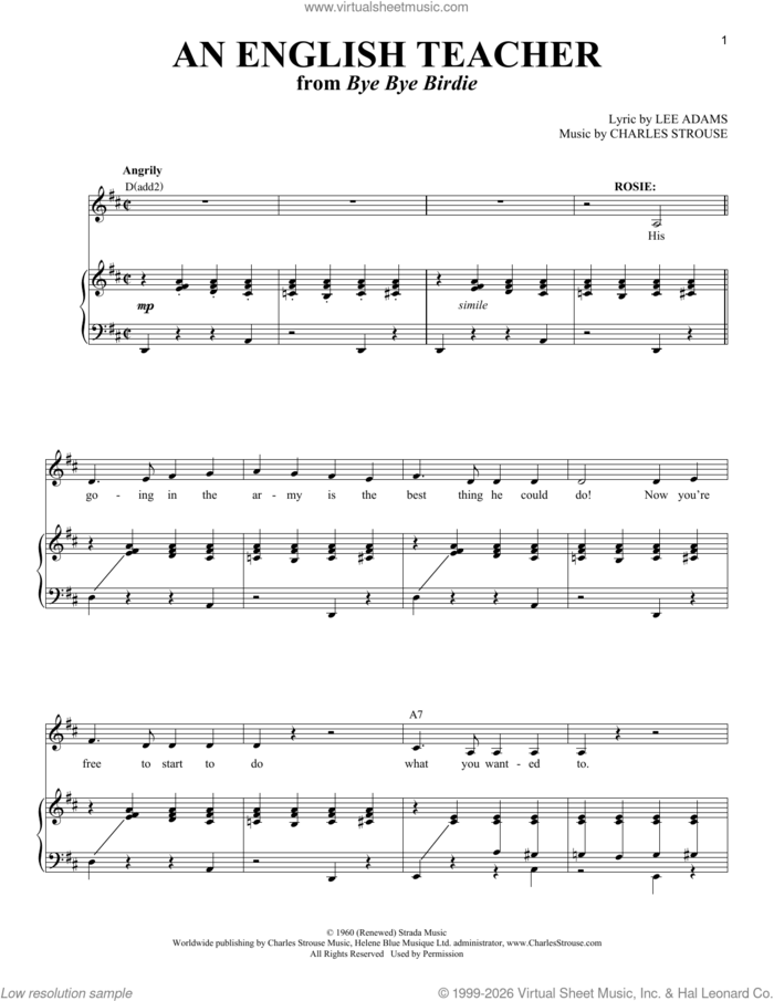 An English Teacher (from Bye Bye Birdie) sheet music for voice and piano (Mezzo Soprano) by Charles Strouse and Lee Adams, intermediate skill level