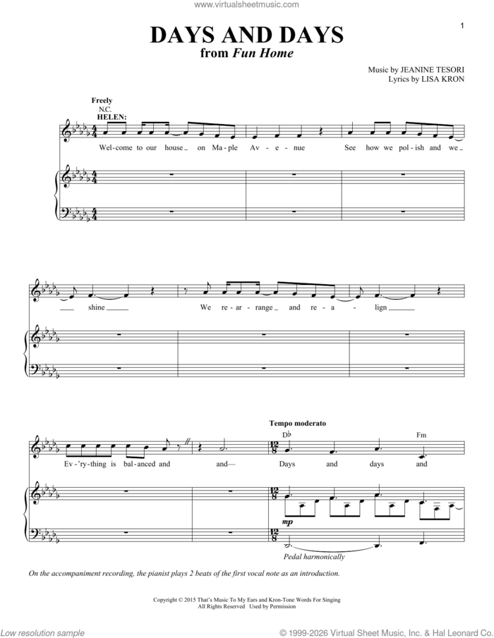 Days And Days (from Fun Home) sheet music for voice and piano (Soprano) by Jeanine Tesori, Lisa Kron and Lisa Kron & Jeanine Tesori, intermediate skill level