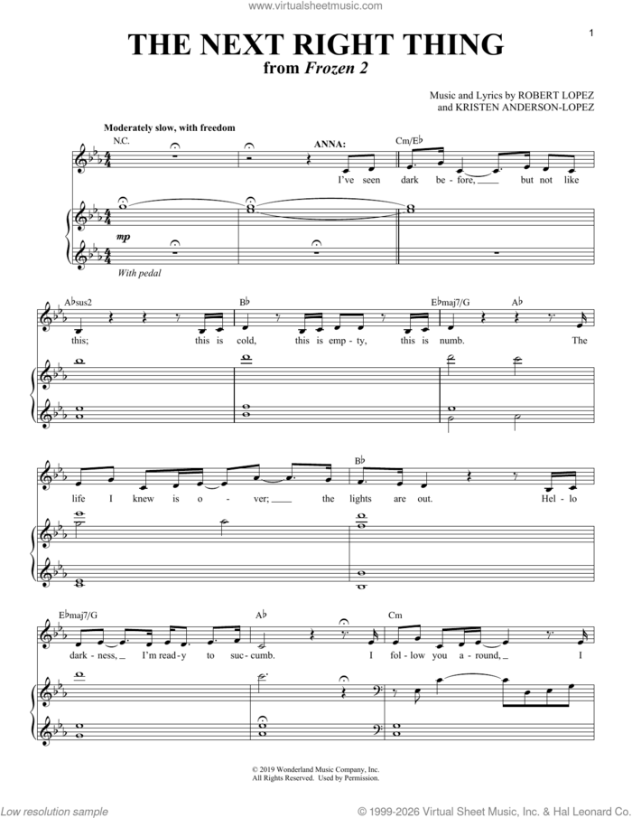 The Next Right Thing (from Frozen 2) sheet music for voice and piano (Soprano) by Robert Lopez, Kristen Anderson-Lopez and Kristen Anderson-Lopez & Robert Lopez, intermediate skill level