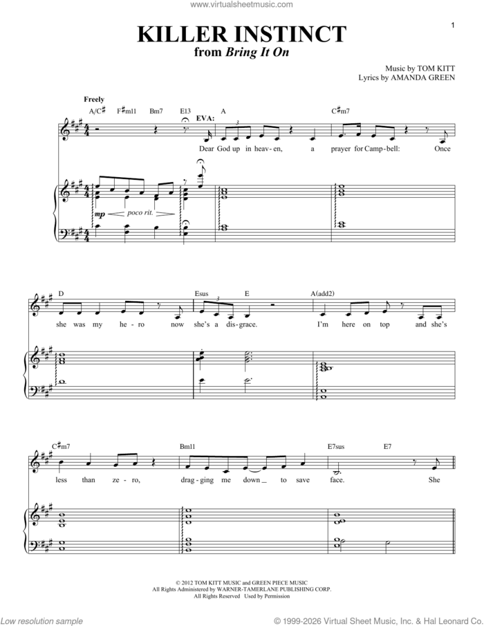 Killer Instinct (from Bring It On) sheet music for voice and piano (Soprano) by Amanda Green and Tom Kitt, intermediate skill level