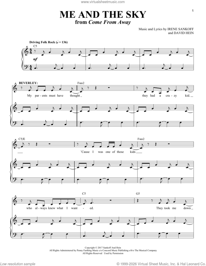 Me And The Sky (from Come From Away) sheet music for voice and piano (Mezzo Soprano) by Irene Sankoff, David Hein and Irene Sankoff & David Hein, intermediate skill level