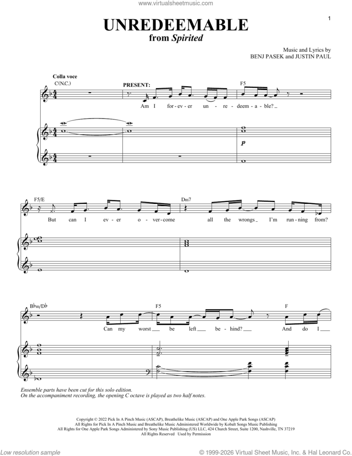 Unredeemable (from Spirited) sheet music for voice and piano (Tenor) by Benj Pasek, Justin Paul and Pasek & Paul, intermediate skill level