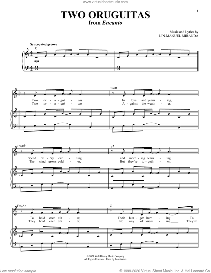 Two Oruguitas (from Encanto) sheet music for voice and piano (Tenor) by Lin-Manuel Miranda, intermediate skill level