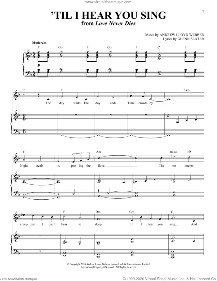 'Til I Hear You Sing (from Love Never Dies) sheet music for voice and piano (Baritone) by Andrew Lloyd Webber and Glenn Slater, intermediate skill level