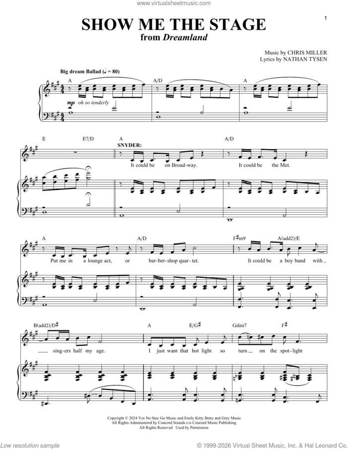 Show Me The Stage (from Dreamland) sheet music for voice and piano (Baritone) by Nathan Tysen, Chris Miller and Chris Miller & Nathan Tysen, intermediate skill level