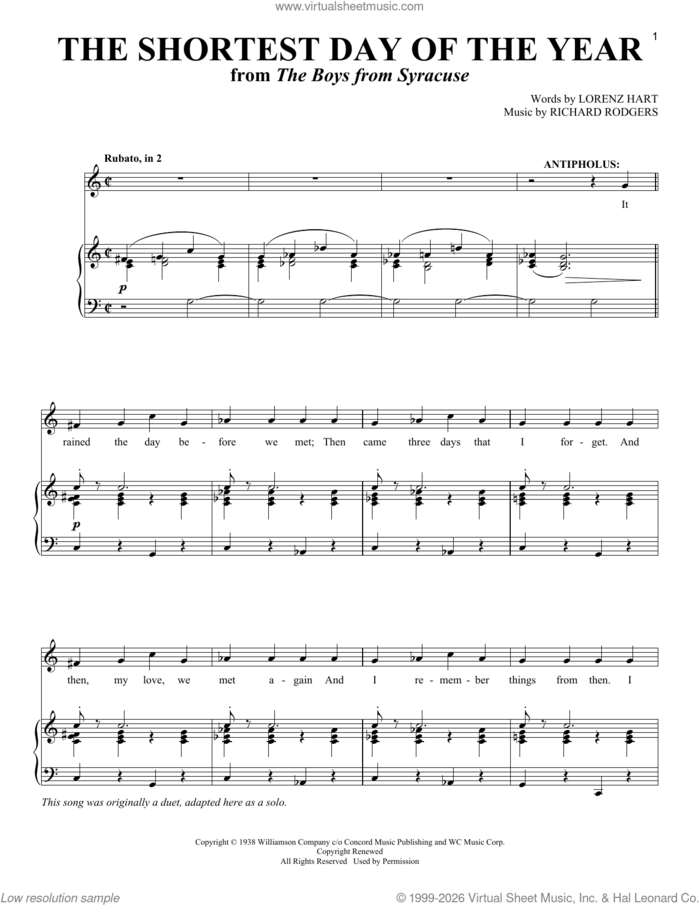 The Shortest Day Of The Year (from The Boys From Syracuse) sheet music for voice and piano (Tenor) by Richard Rodgers, Lorenz Hart and Rodgers & Hart, intermediate skill level