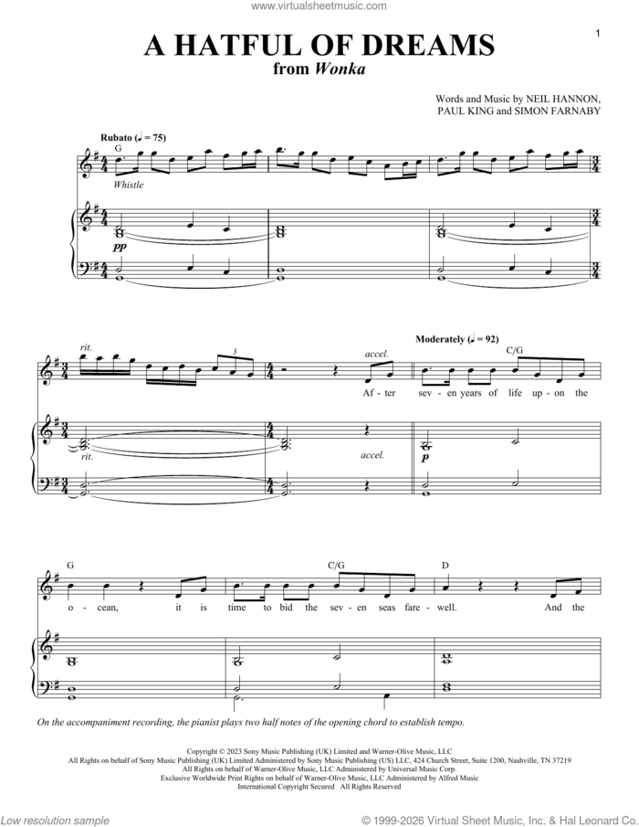A Hatful Of Dreams (from Wonka) sheet music for voice and piano (Baritone) by Neil Hannon, Paul King and Simon Farnaby, intermediate skill level