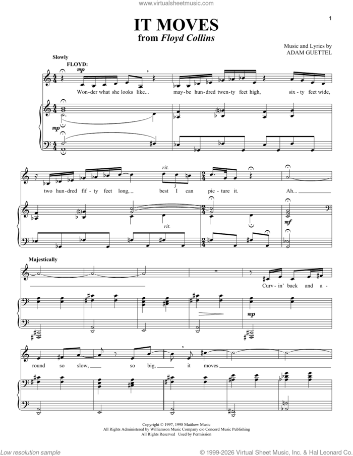 It Moves (from Floyd Collins) sheet music for voice and piano (Baritone) by Adam Guettel, intermediate skill level