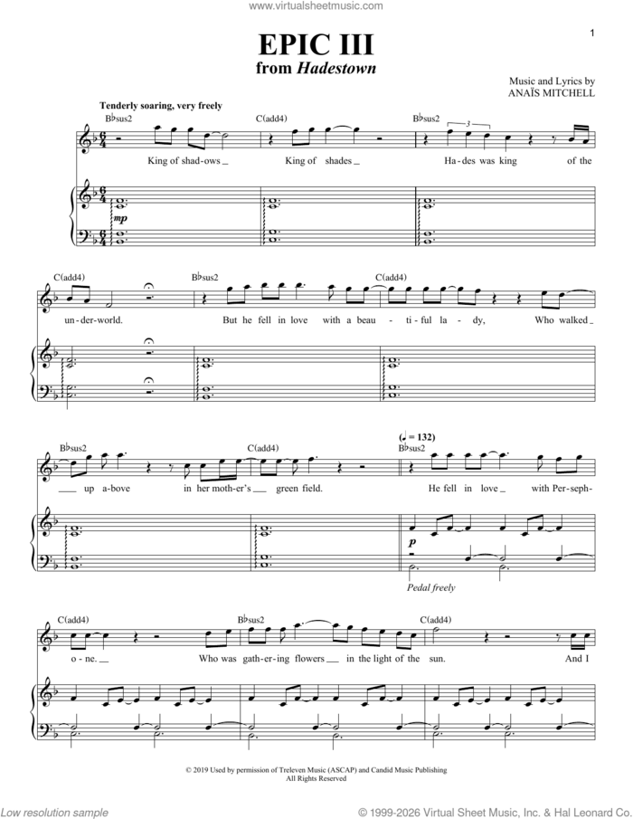 Epic III (from Hadestown) sheet music for voice and piano (Tenor) by Anais Mitchell, intermediate skill level