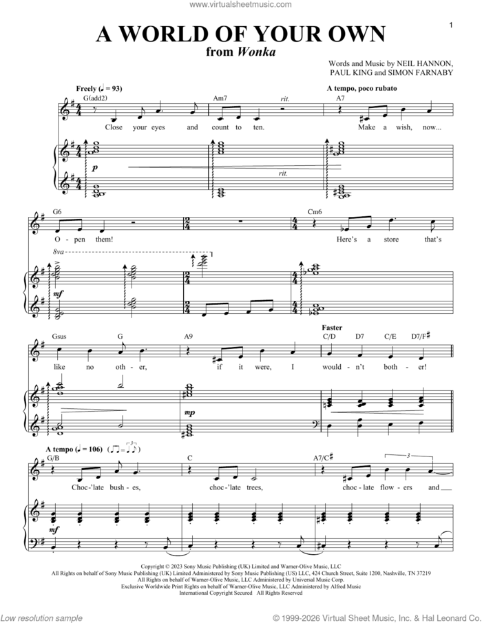A World Of Your Own (from Wonka) sheet music for voice and piano (Baritone) by Neil Hannon, Paul King and Simon Farnaby, intermediate skill level