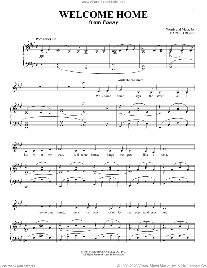 Welcome Home (from Fanny) sheet music for voice and piano (Baritone) by Harold Rome, intermediate skill level