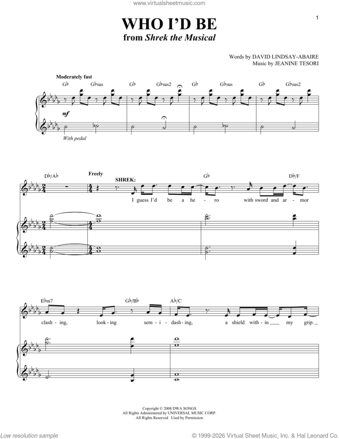 Who I'd Be (from Shrek The Musical) sheet music for voice and piano (Baritone) by Jeanine Tesori and David Lindsay-Abaire, intermediate skill level