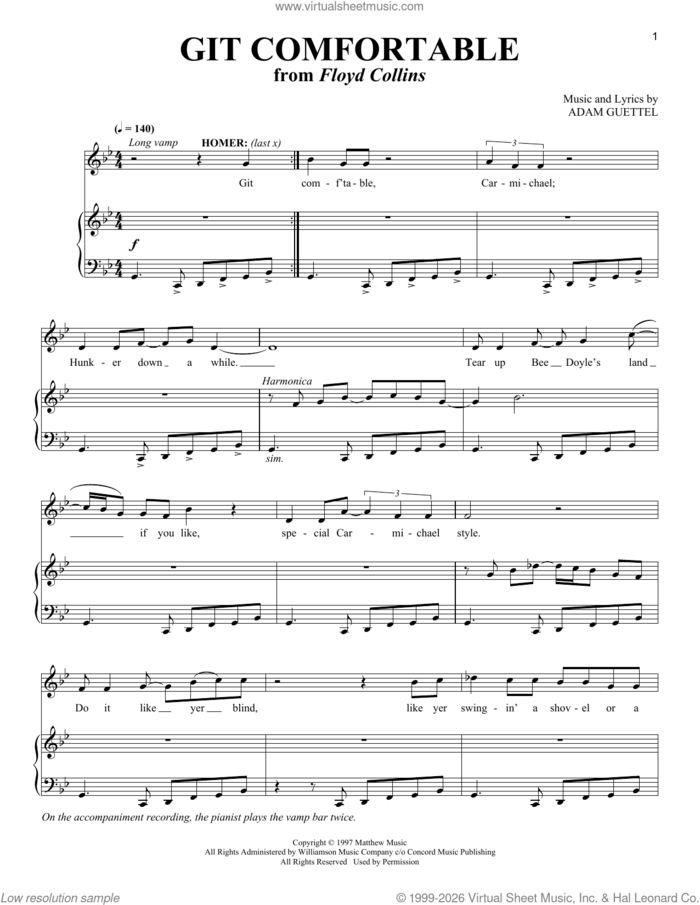 Git Comfortable (from Floyd Collins) sheet music for voice and piano (Baritone) by Adam Guettel, intermediate skill level