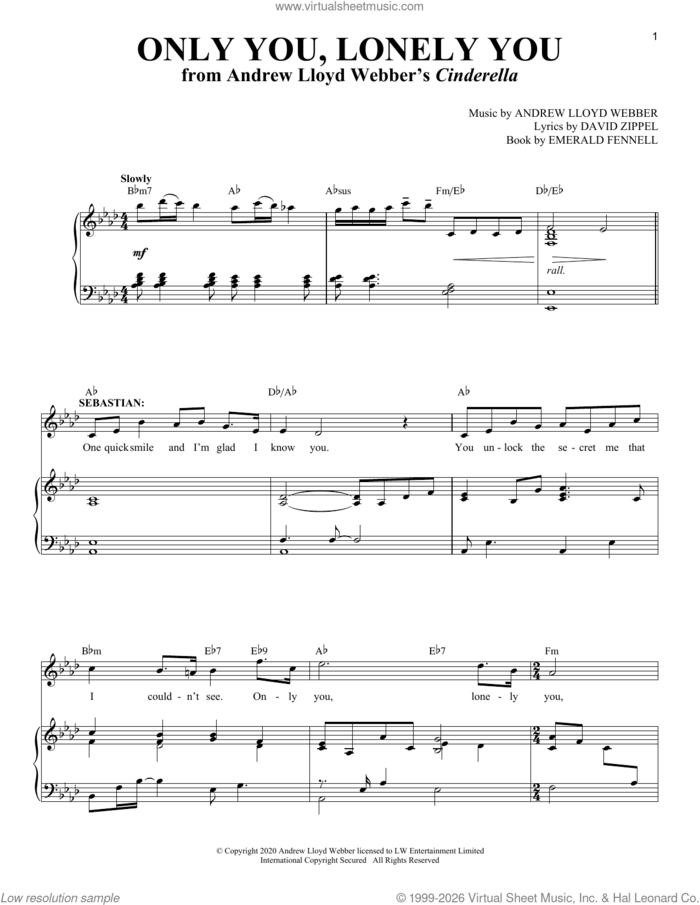 Only You, Lonely You (from Cinderella) sheet music for voice and piano (Tenor) by Andrew Lloyd Webber, David Zippel and Emerald Fennell, intermediate skill level