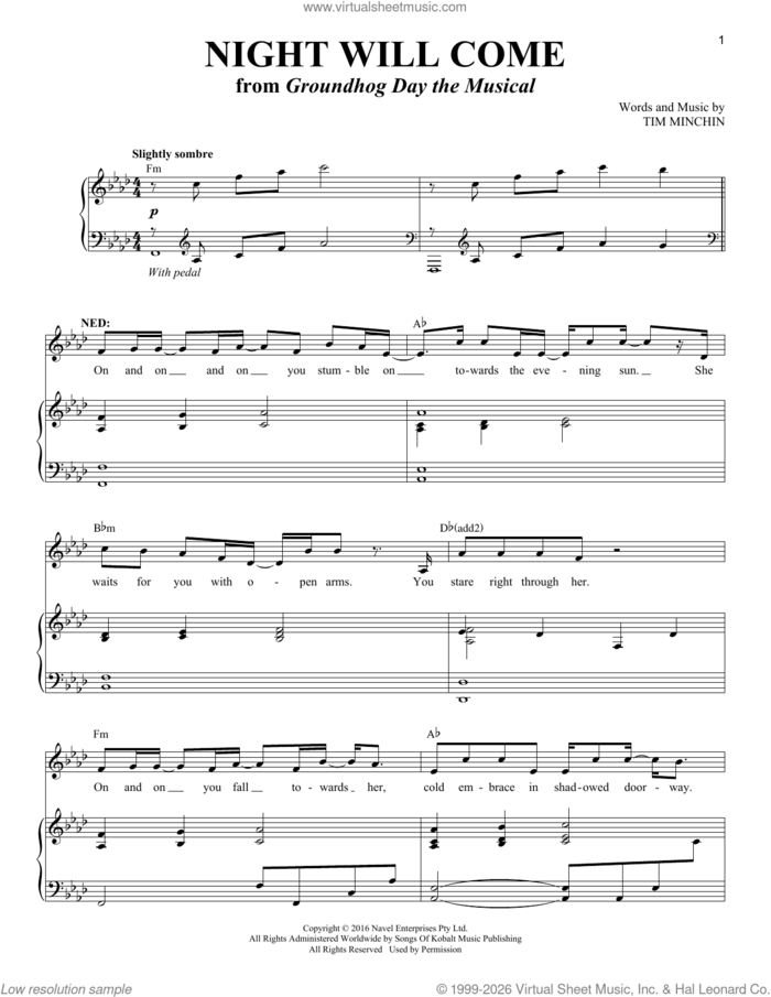 Night Will Come (from Groundhog Day The Musical) sheet music for voice and piano (Baritone) by Tim Minchin, intermediate skill level