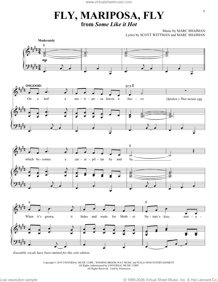 Fly, Mariposa, Fly (from Some Like It Hot) sheet music for voice and piano (Baritone) by Marc Shaiman, Marc Shaiman & Scott Wittman and Scott Wittman, intermediate skill level