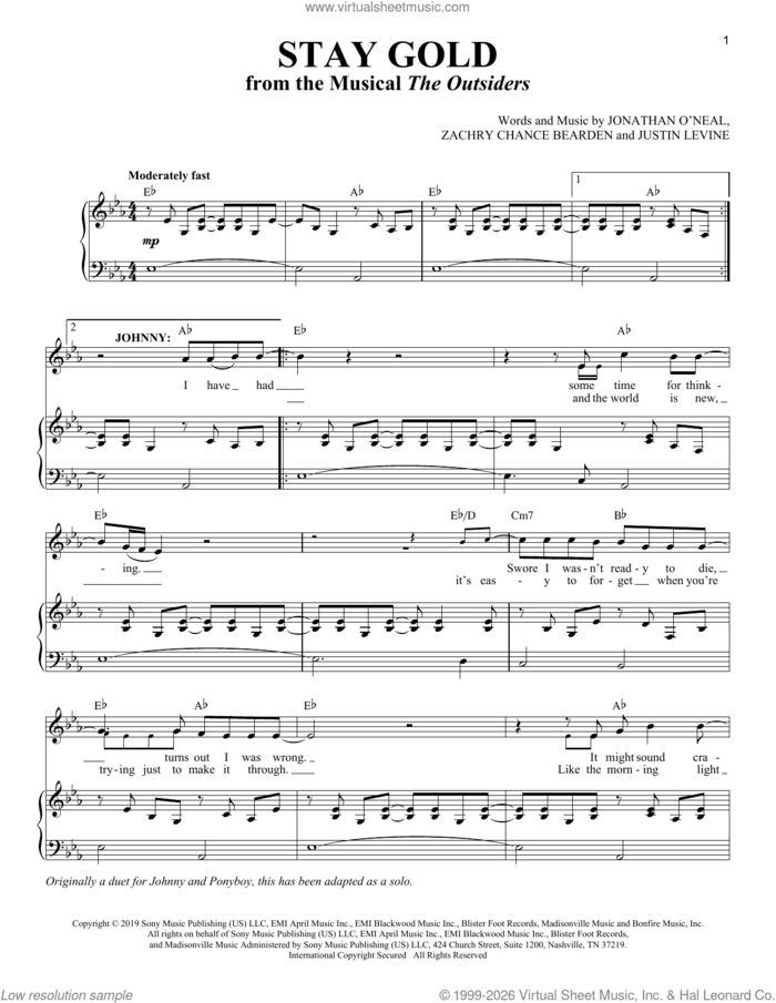 Stay Gold (from The Outsiders The Musical) sheet music for voice and piano (Tenor) by Zachry Chance Bearden and Justin Levine, intermediate skill level